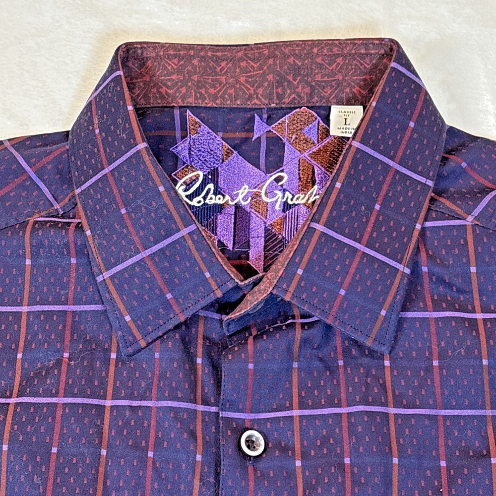 Robert Graham Plaid‎ Purple Mens L Long Sleeve Flip Cuff Collar Purple Bold